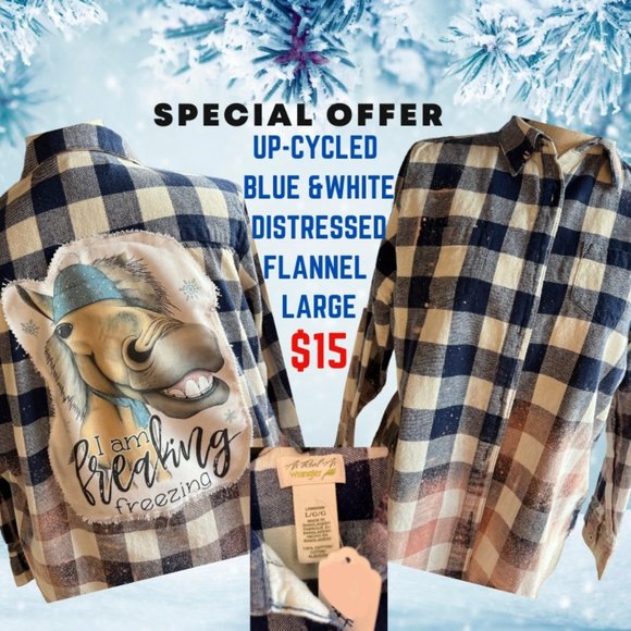 UP-CYCLED DISTRESSED BLUE & WHITE FLANNEL LARGE WITH - Picture 1 of 3